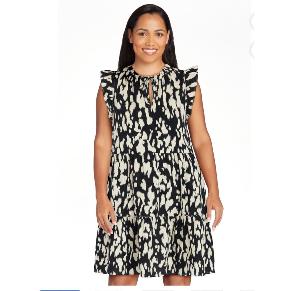 Black Cream Abstract‎ Print Dress Tiered Flutter Sleeve M NWT Summer Spring